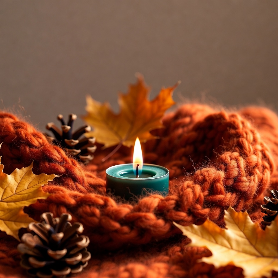 Green Candle with Autumn Leaves and Pinecones Green Candle with Autumn Leaves and Pinecones