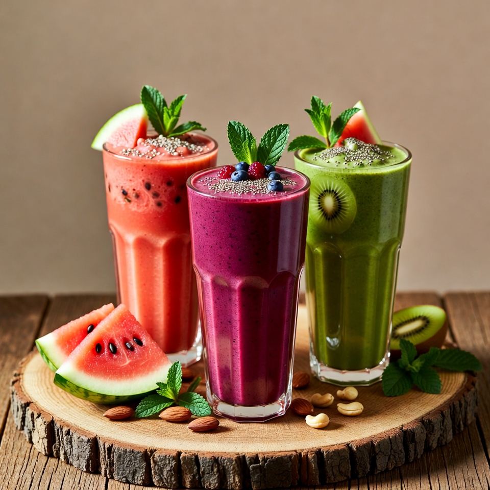 Three Colorful Smoothie Glasses Three Colorful Smoothie Glasses