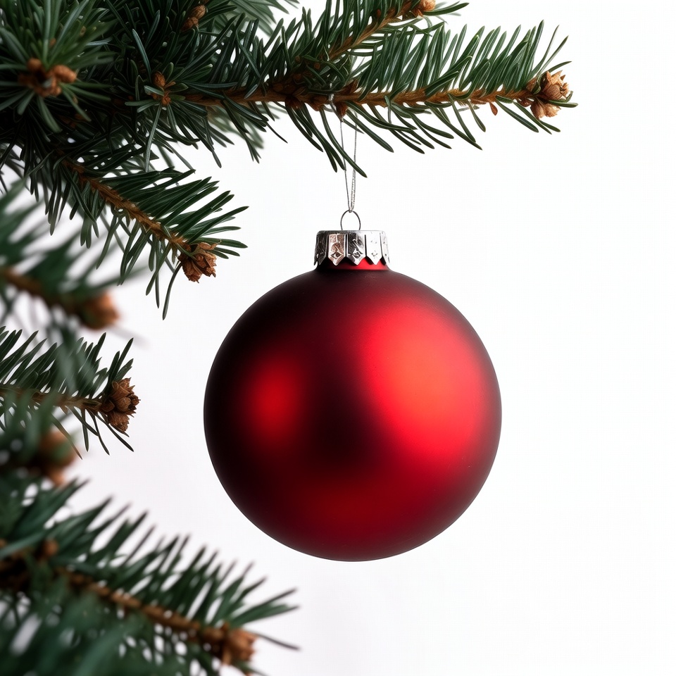 Red Christmas ornament on fir branch Red Christmas ornament on fir branch