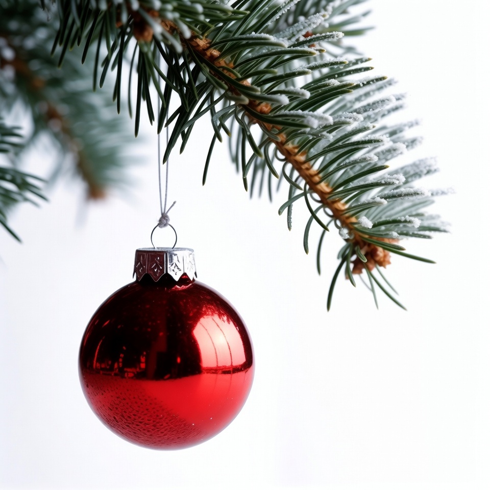 Red Christmas ornament on snowy fir branch Red Christmas ornament on snowy fir branch