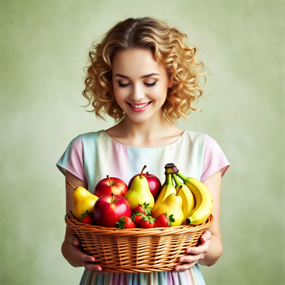 Woman holding basket of fresh fruits Woman holding basket of fresh fruits