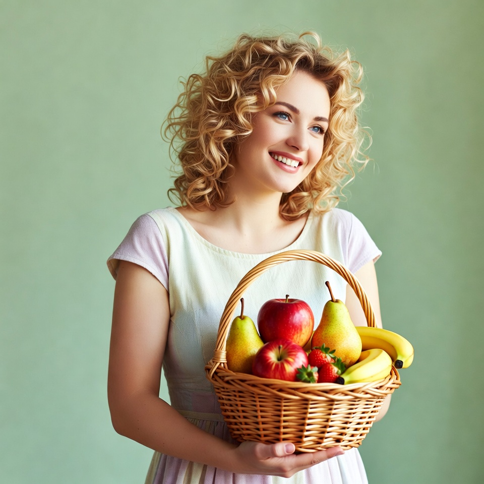Blonde woman holding fruit basket Blonde woman holding fruit basket