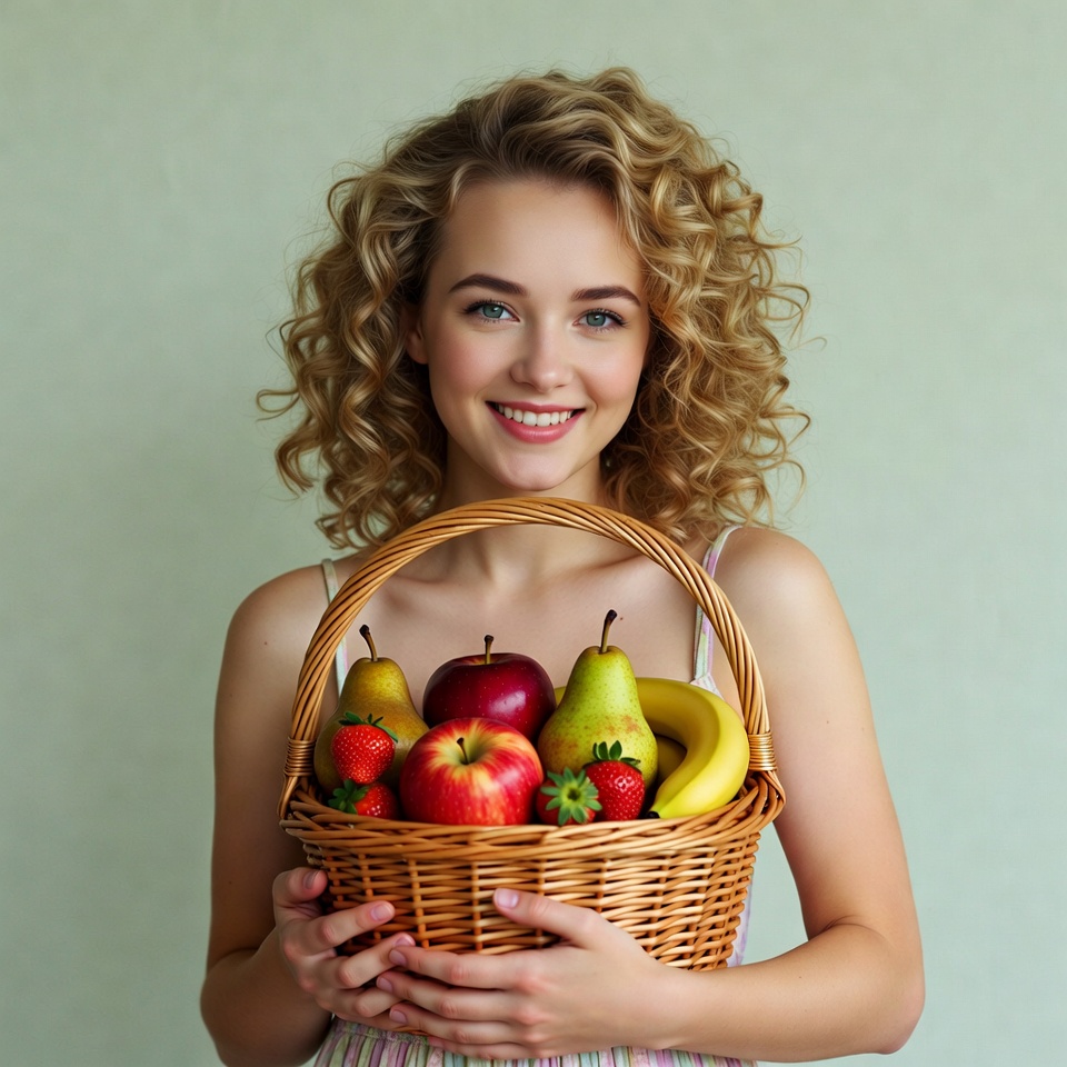 Smiling woman holding fruit basket Smiling woman holding fruit basket