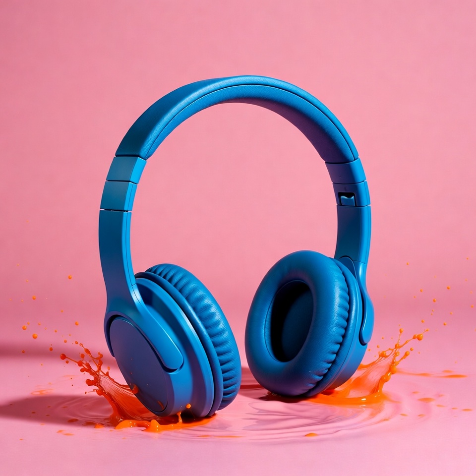 Blue Headphones on Pink Background with Splashes Blue Headphones on Pink Background with Splashes
