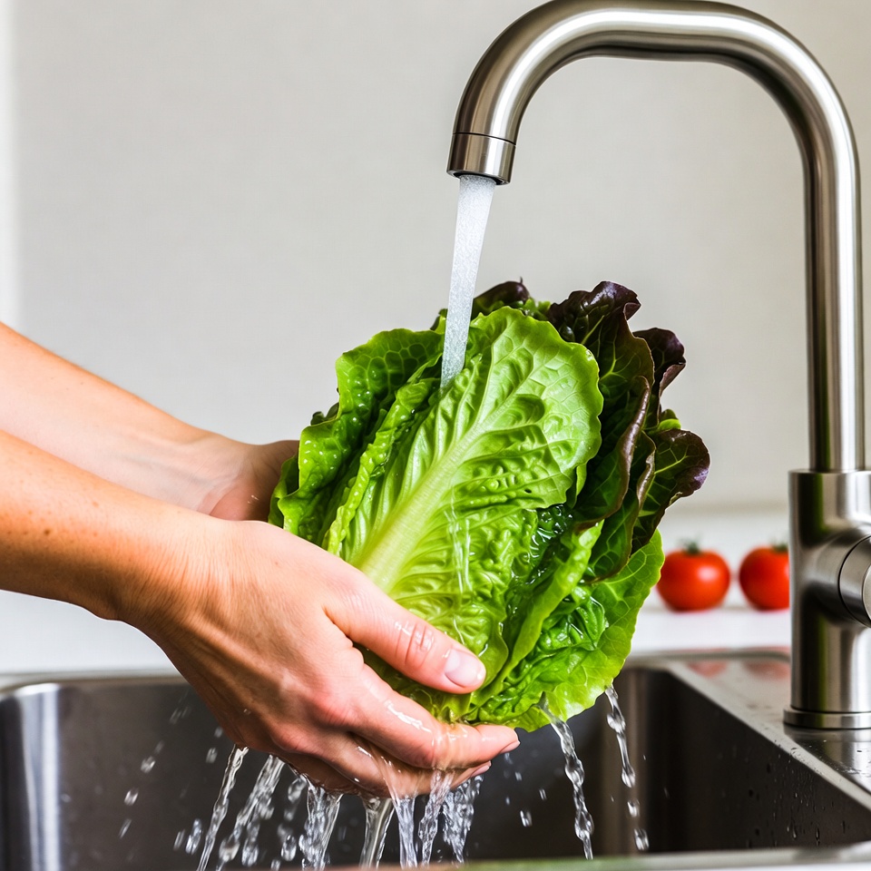 Woman Washing Lettuce Under Faucet Woman Washing Lettuce Under Faucet