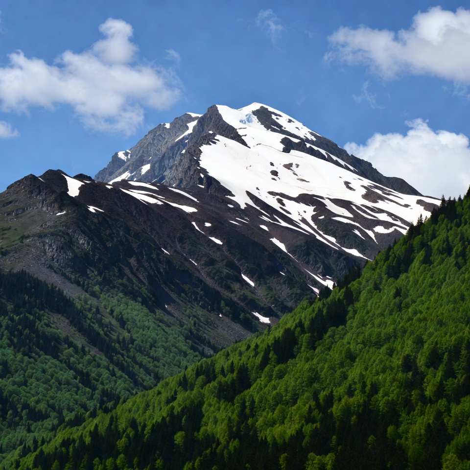 Snow-capped mountain with green forests Snow-capped mountain with green forests