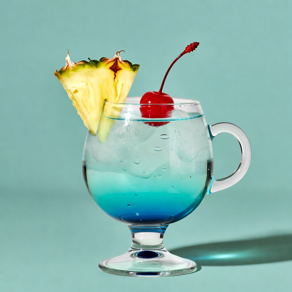Blue cocktail with pineapple and cherry Blue cocktail with pineapple and cherry