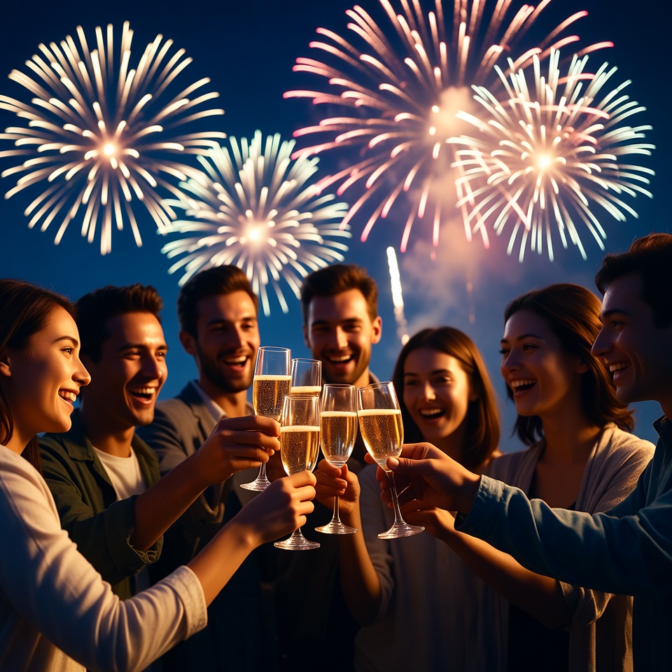 Group toasting champagne under fireworks Group toasting champagne under fireworks
