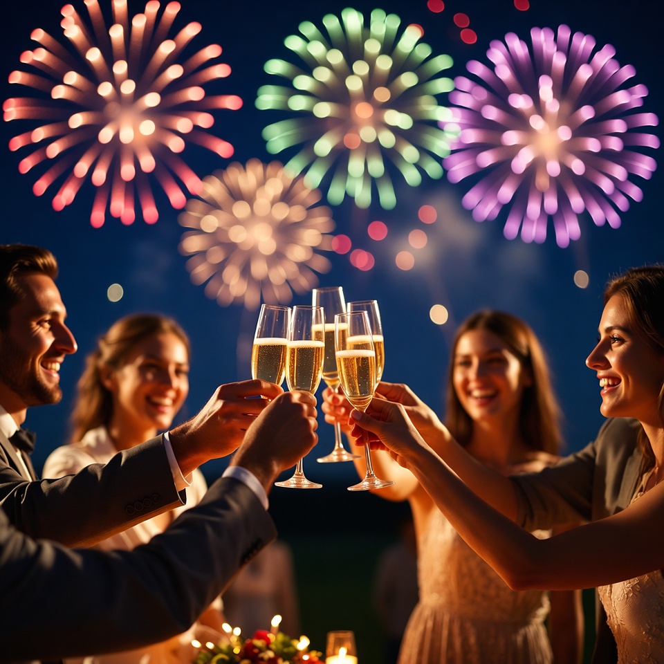 Group toasting champagne with fireworks Group toasting champagne with fireworks