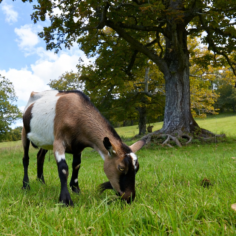 Goat grazing grass near tree Goat grazing grass near tree