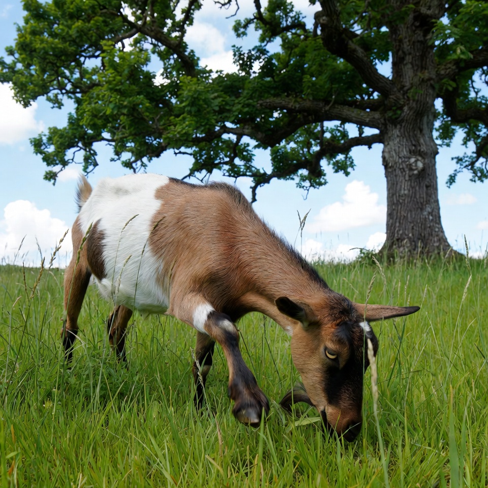 Goat eating grass near oak tree Goat eating grass near oak tree