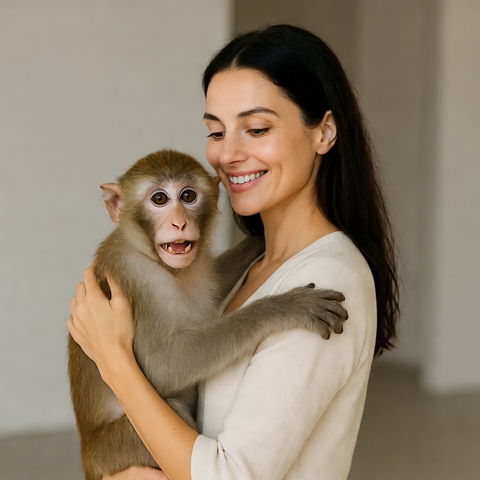 Woman holding smiling monkey Woman holding smiling monkey