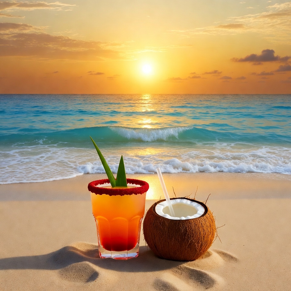 Margarita and Coconut on Beach Sunset Margarita and Coconut on Beach Sunset