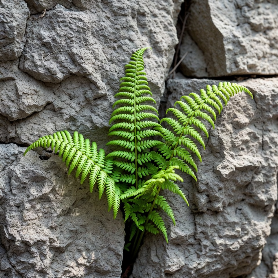 Green Fern Growing in Gray Rock Wall Green Fern Growing in Gray Rock Wall