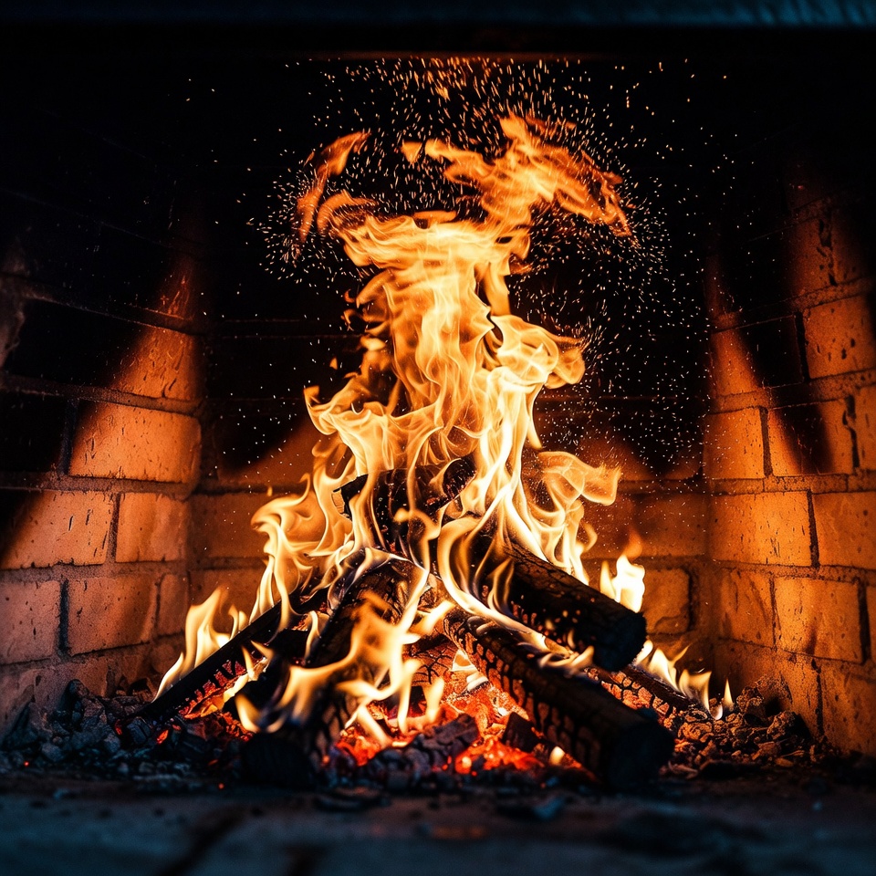 Blazing Fire in Brick Fireplace Blazing Fire in Brick Fireplace
