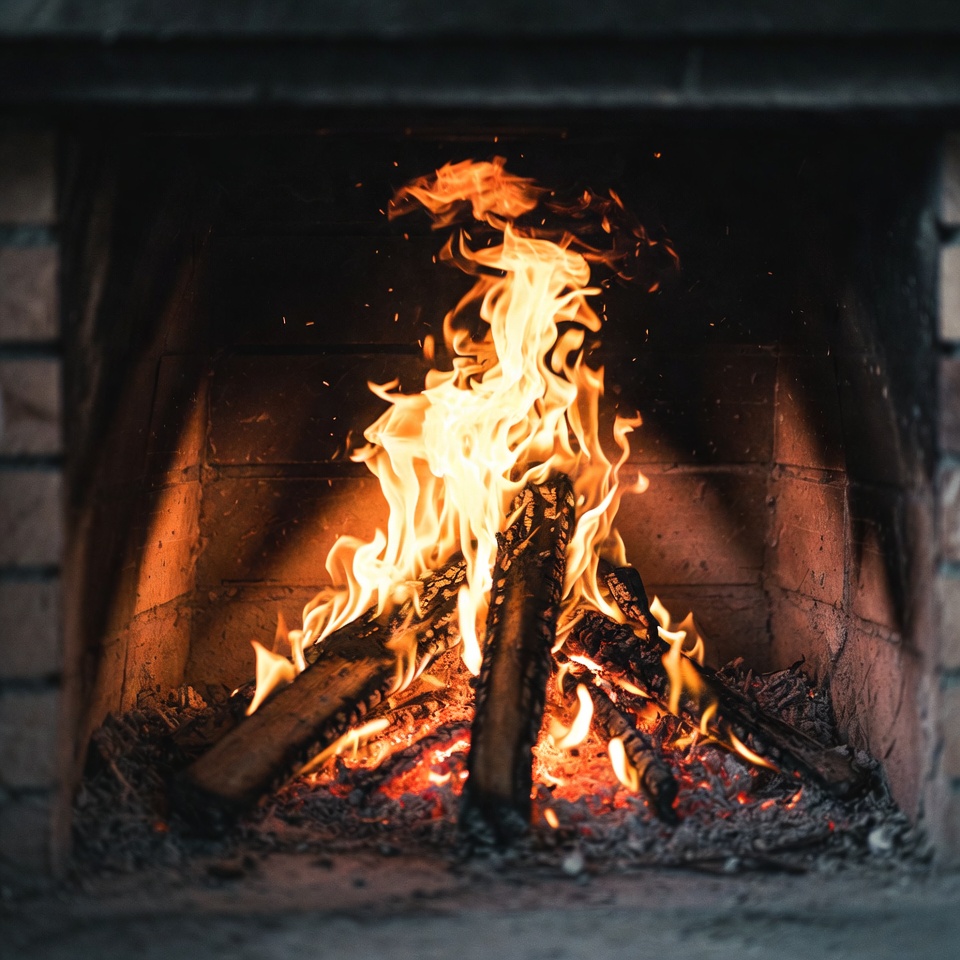 Blazing Fire in Brick Fireplace Blazing Fire in Brick Fireplace