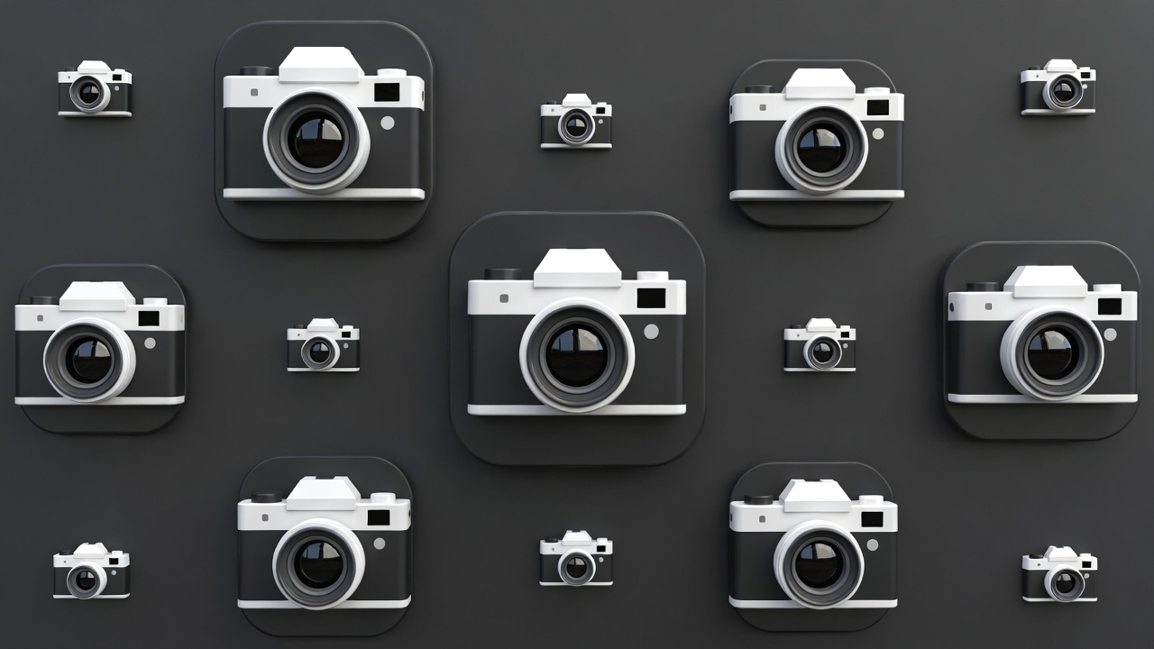 3D Camera Icons on Dark Background 3D Camera Icons on Dark Background