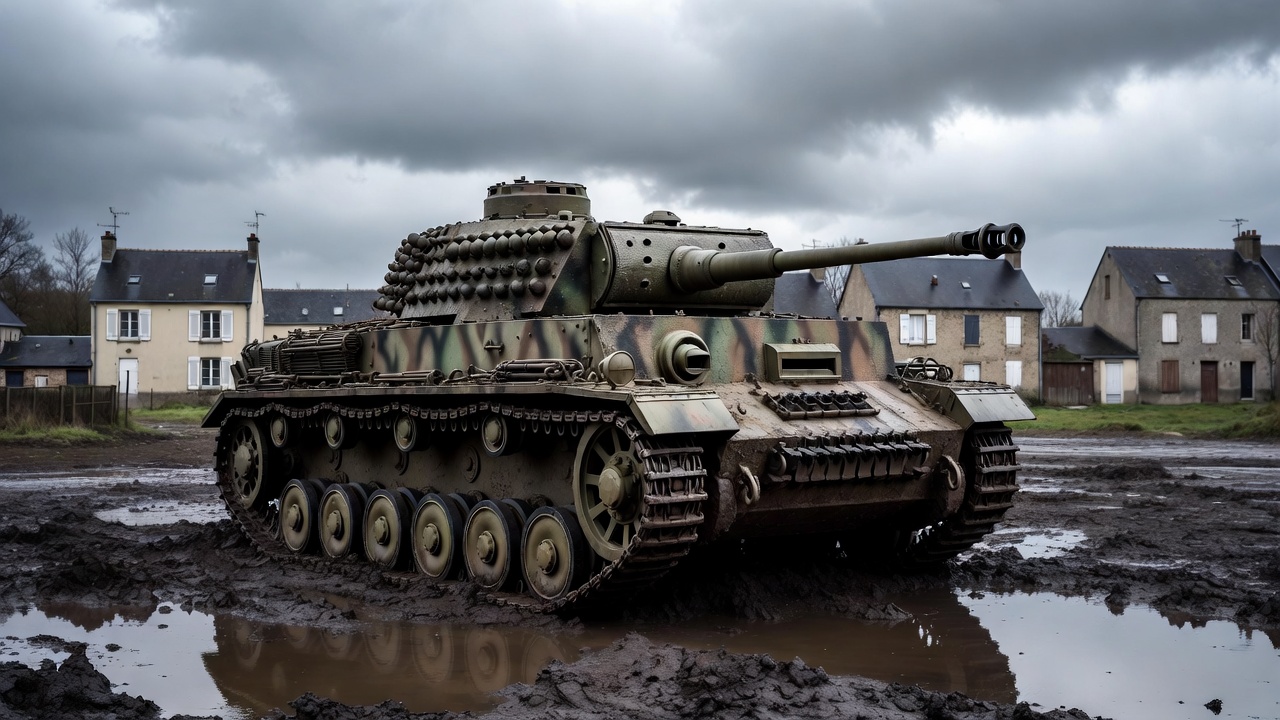 Panzer IV tank in muddy village Panzer IV tank in muddy village