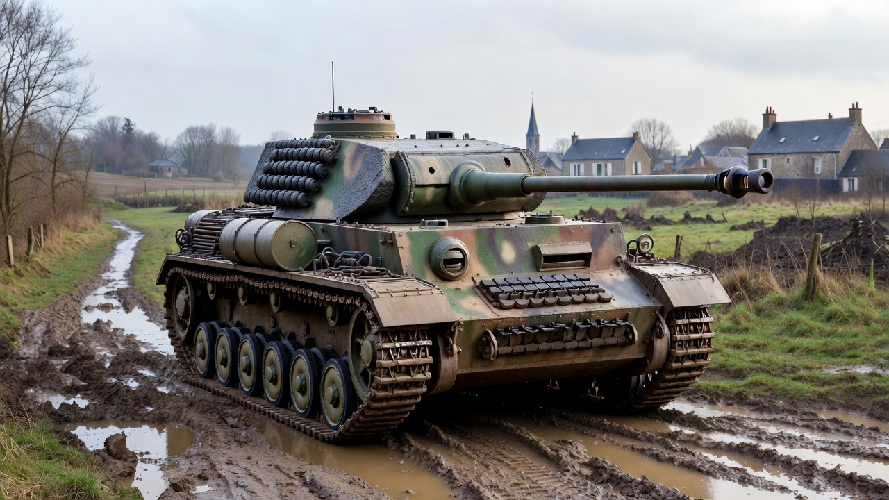 Panzer IV tank on muddy rural road Panzer IV tank on muddy rural road