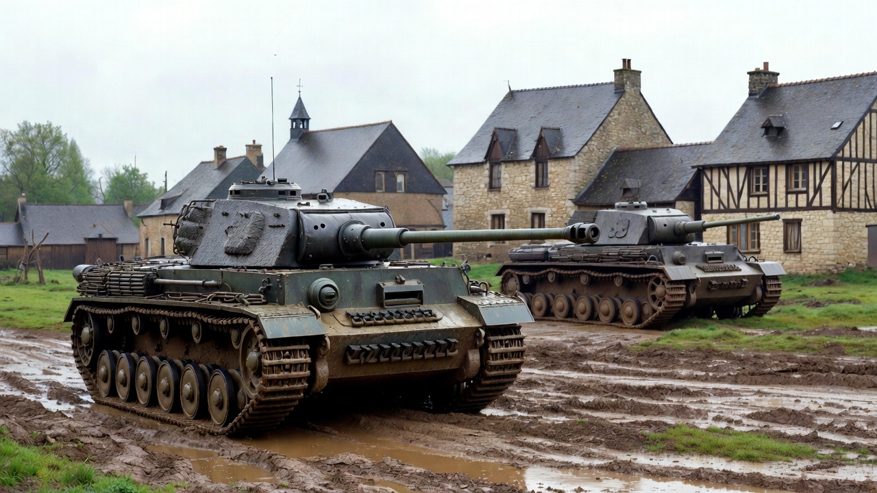 Panzer Tanks in French Village Panzer Tanks in French Village