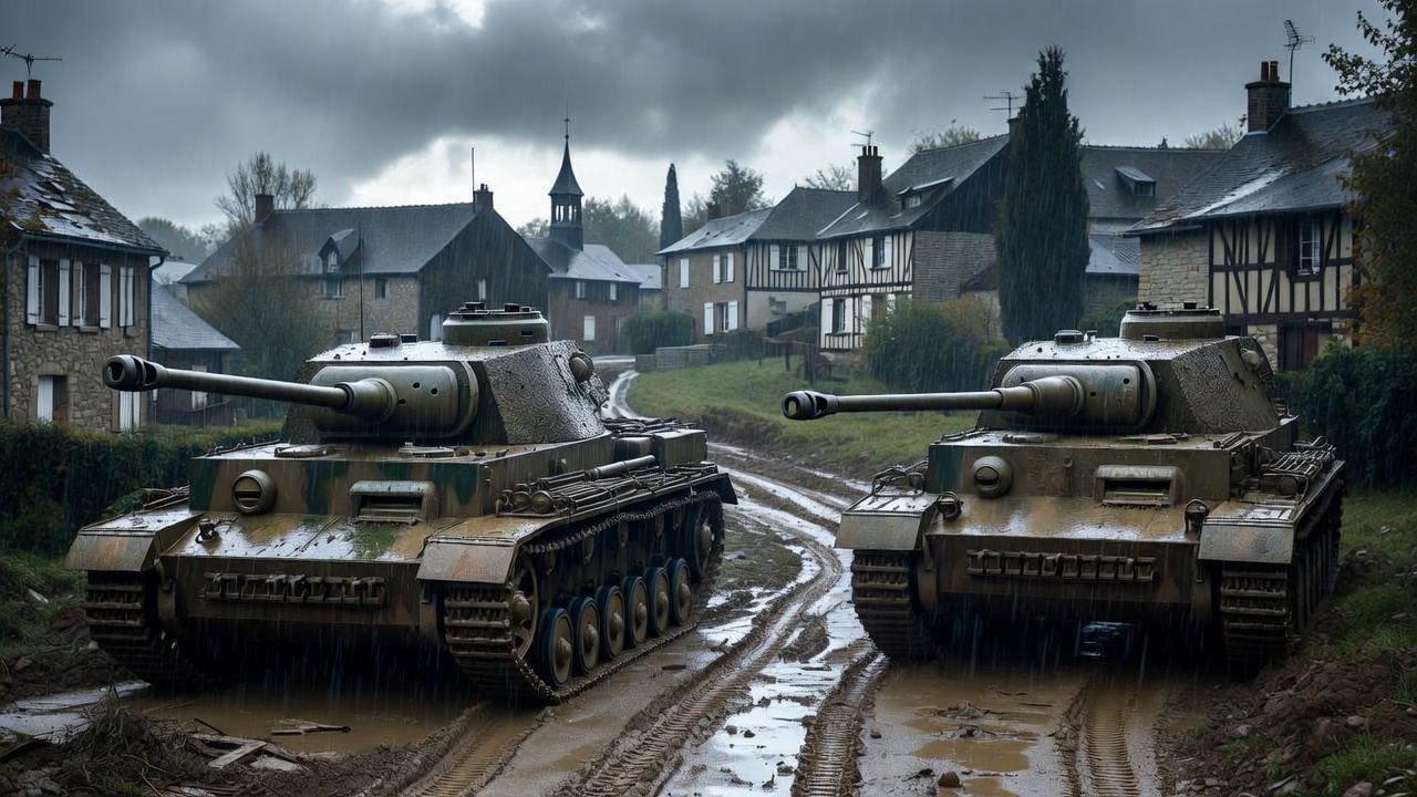 Two Panzer Tanks on Muddy Road Two Panzer Tanks on Muddy Road