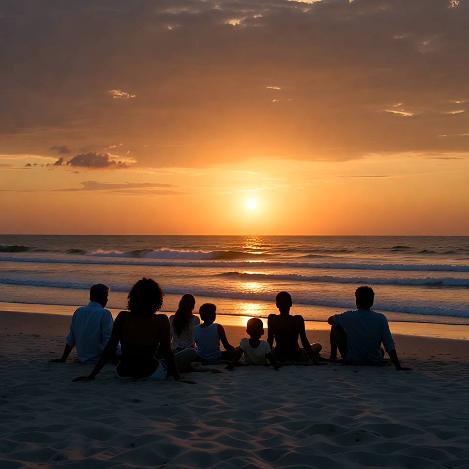 Silhouettes of family watching sunset beach Silhouettes of family watching sunset beach