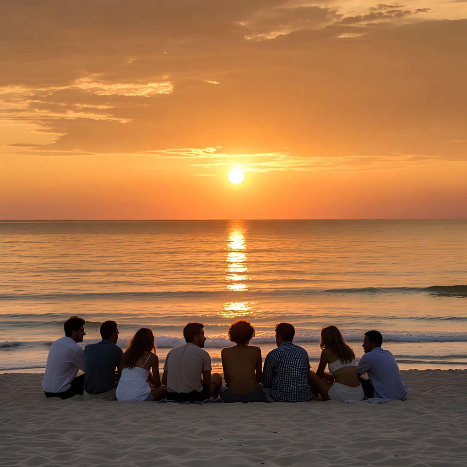 Group sitting on beach at sunset Group sitting on beach at sunset