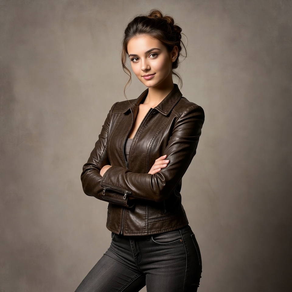 Woman in leather jacket arms crossed Woman in leather jacket arms crossed