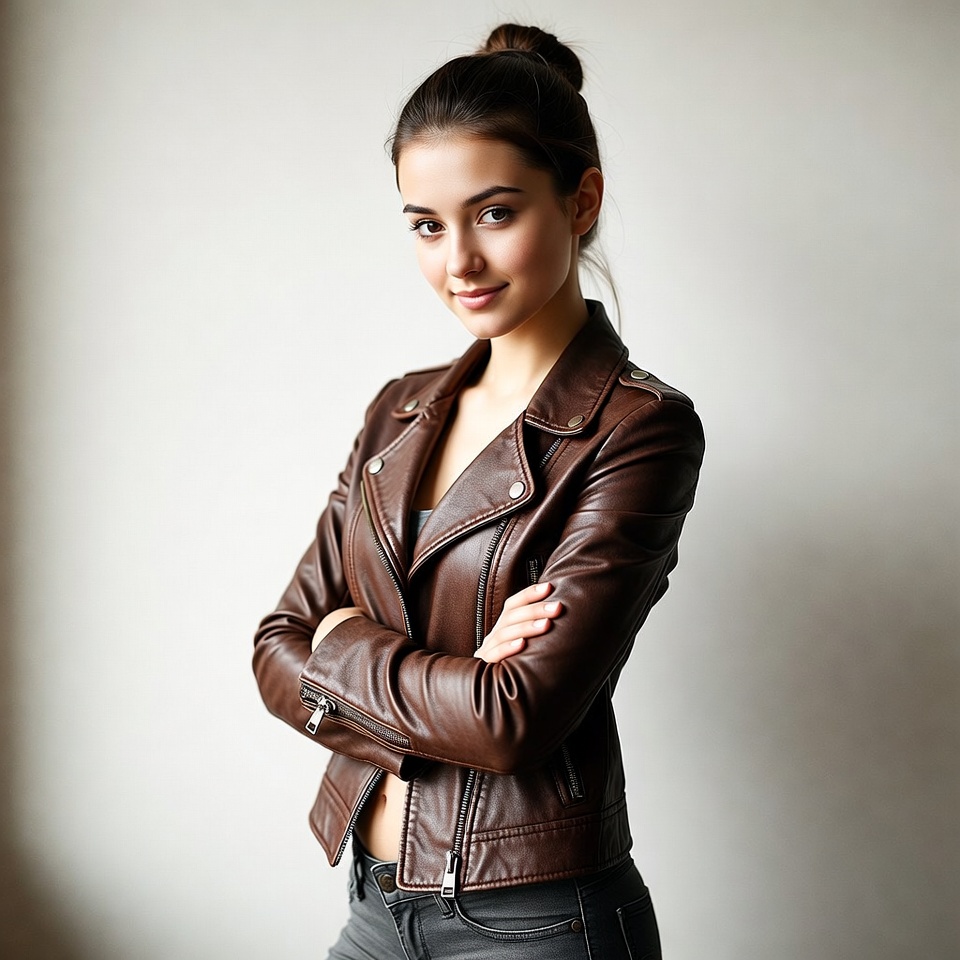 Woman in brown leather jacket Woman in brown leather jacket