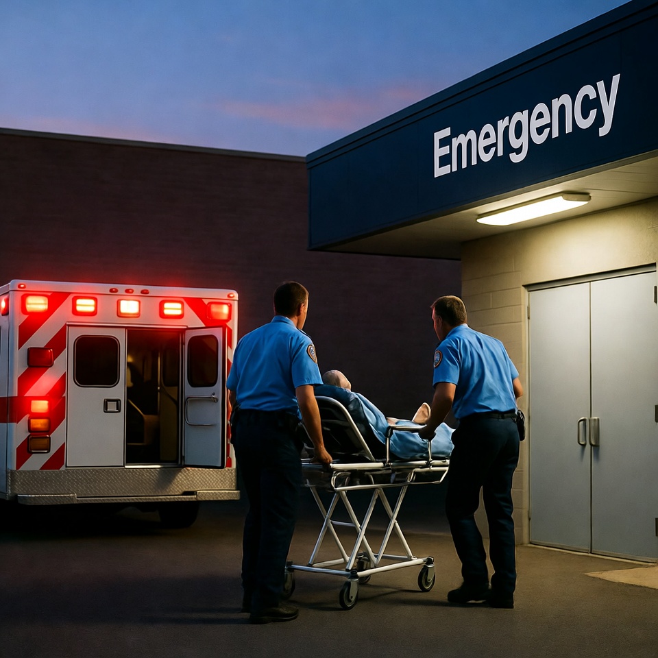 Paramedics Wheeling Patient to Emergency Entrance Paramedics Wheeling Patient to Emergency Entrance