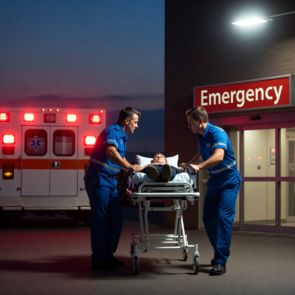 Paramedics wheeling patient into emergency Paramedics wheeling patient into emergency