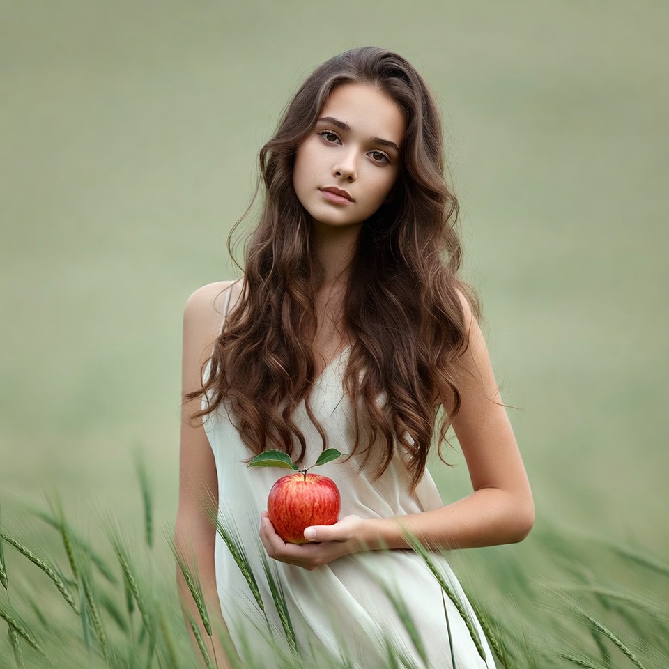 Woman holding red apple in grass Woman holding red apple in grass