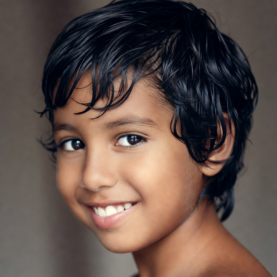 Smiling Indian boy with wet hair Smiling Indian boy with wet hair
