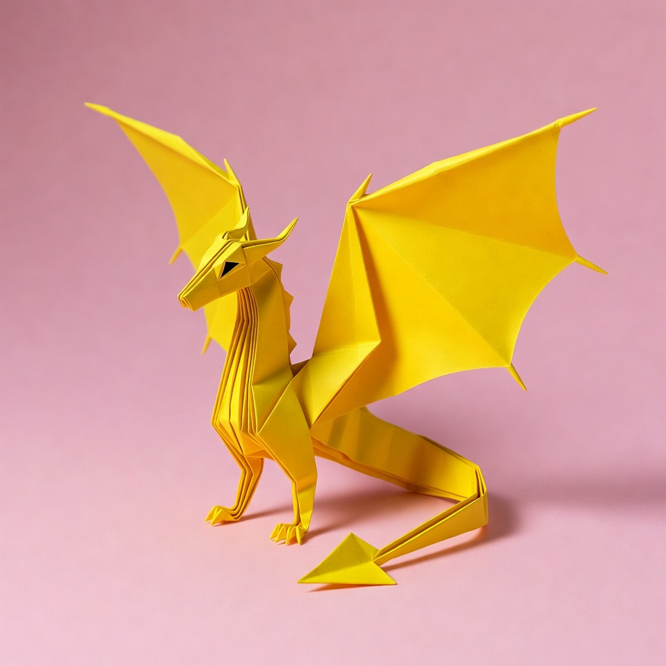 Yellow origami dragon on pink background Yellow origami dragon on pink background