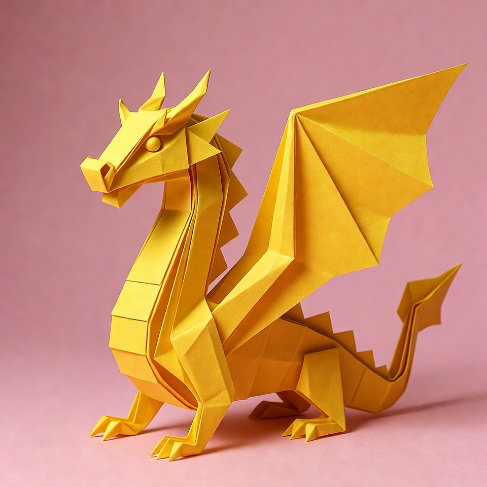 Golden origami dragon on pink background Golden origami dragon on pink background