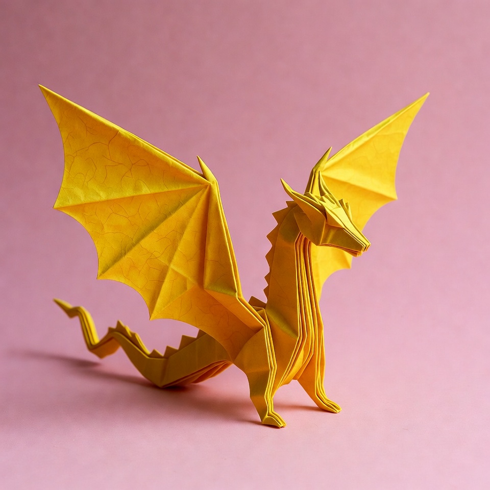 Yellow origami dragon on pink background Yellow origami dragon on pink background