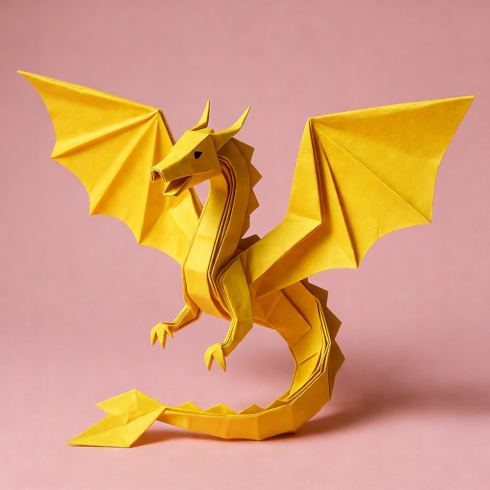 Yellow origami dragon on pink background Yellow origami dragon on pink background