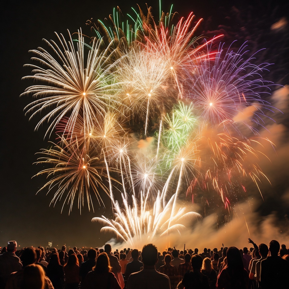 Colorful Fireworks Over Crowd Colorful Fireworks Over Crowd