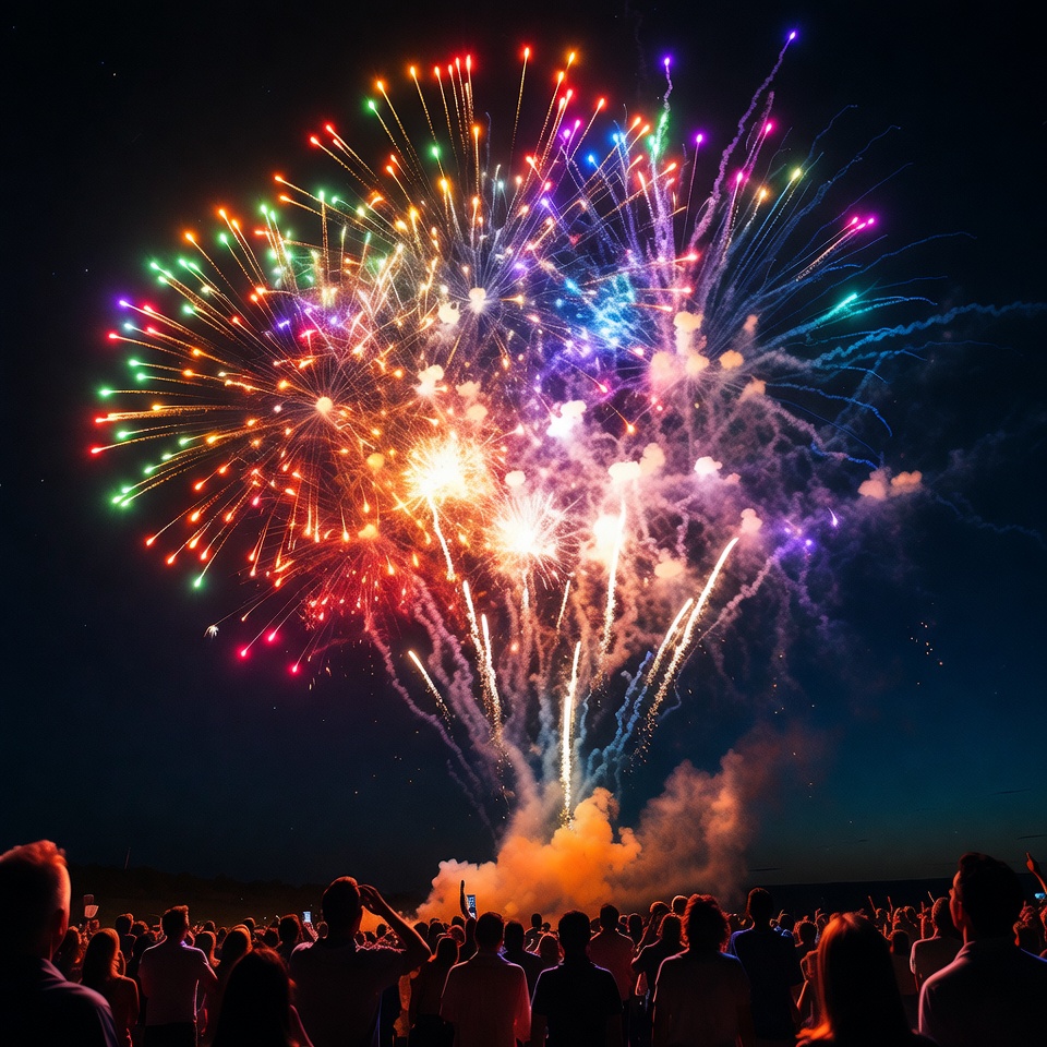 Colorful Fireworks Over Crowd Colorful Fireworks Over Crowd