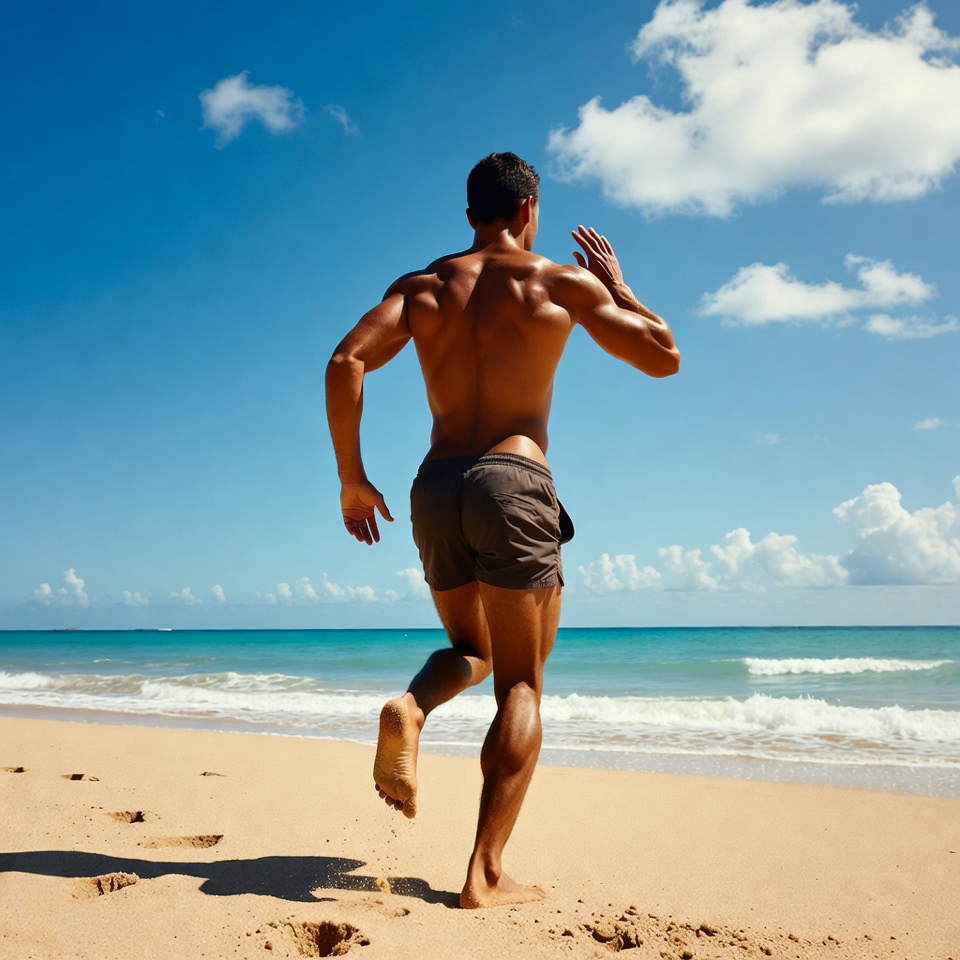 Muscular man running on beach Muscular man running on beach