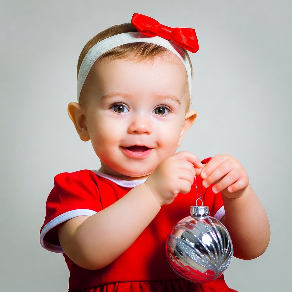 Baby girl holding silver Christmas ornament Baby girl holding silver Christmas ornament