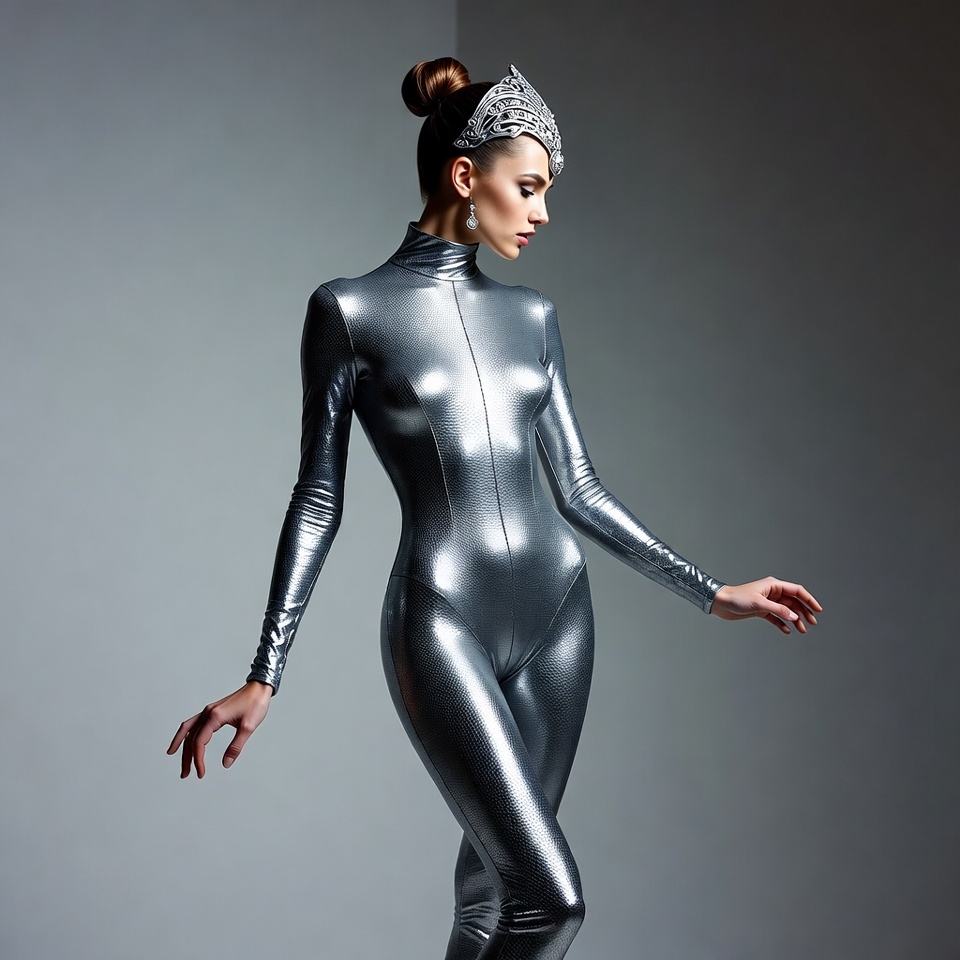 Woman in silver bodysuit with crown Woman in silver bodysuit with crown