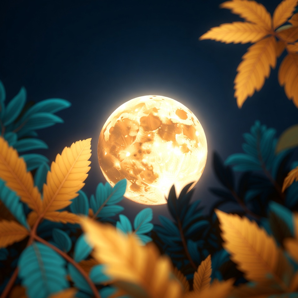 Glowing Full Moon with Autumn Leaves Glowing Full Moon with Autumn Leaves