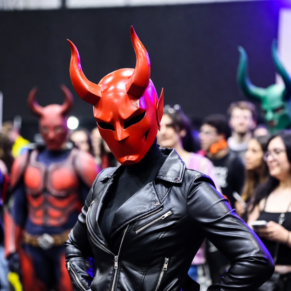 Woman in red demon mask cosplay Woman in red demon mask cosplay