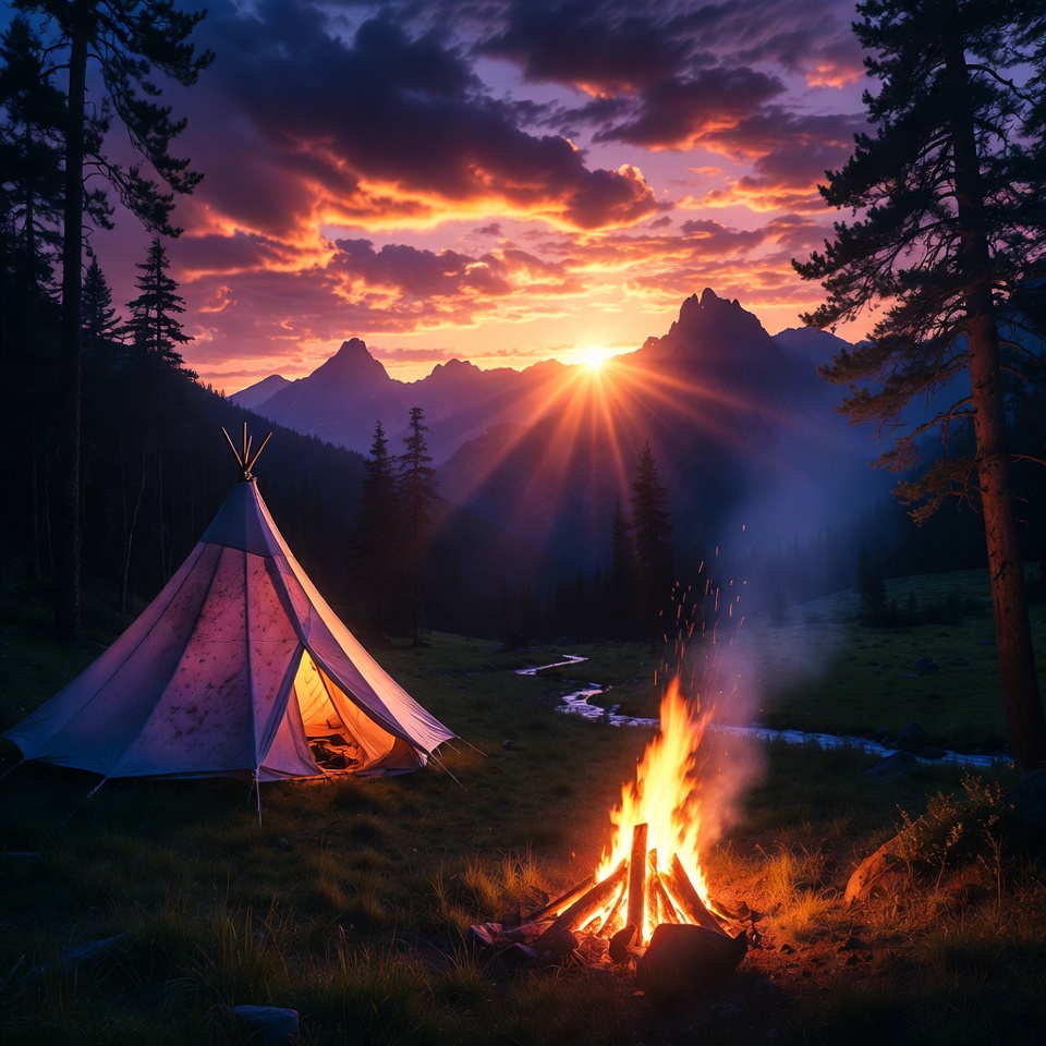 Teepee Campfire at Sunset Mountains Teepee Campfire at Sunset Mountains
