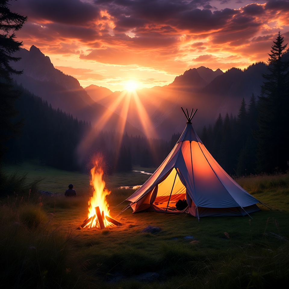 Tent by campfire at sunset mountains Tent by campfire at sunset mountains