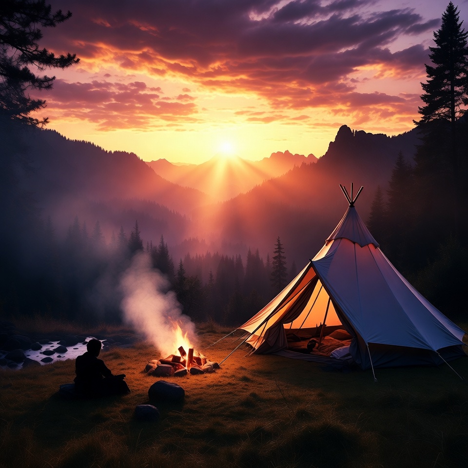 Man by campfire outside teepee at sunset Man by campfire outside teepee at sunset