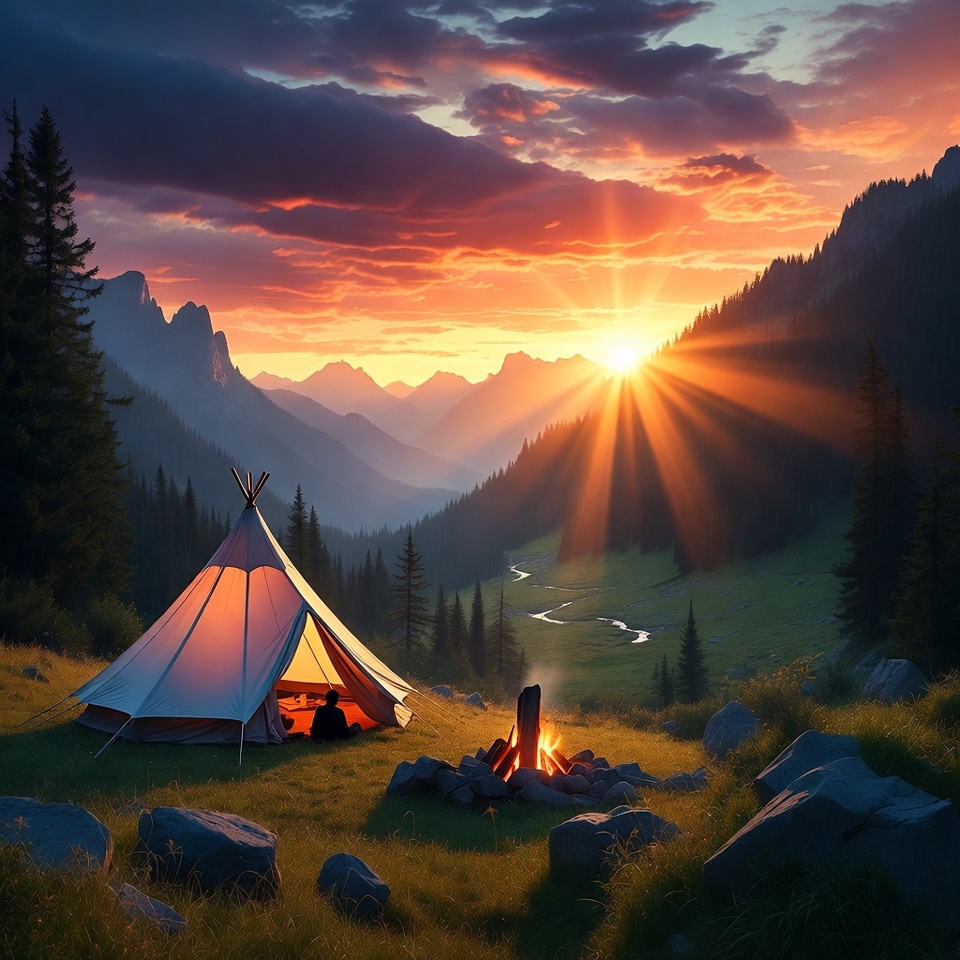 Tent and Campfire at Sunset Mountains Tent and Campfire at Sunset Mountains