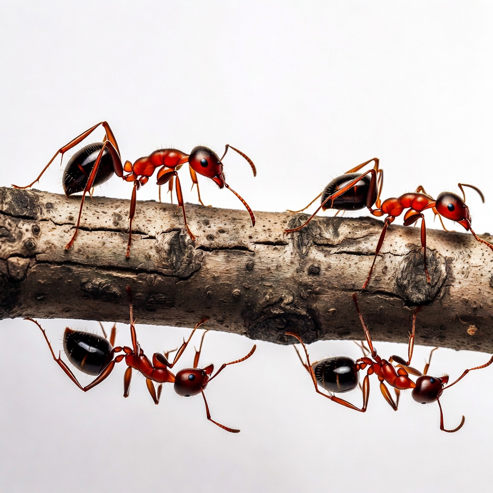 Red ants crawling on wood branch Red ants crawling on wood branch