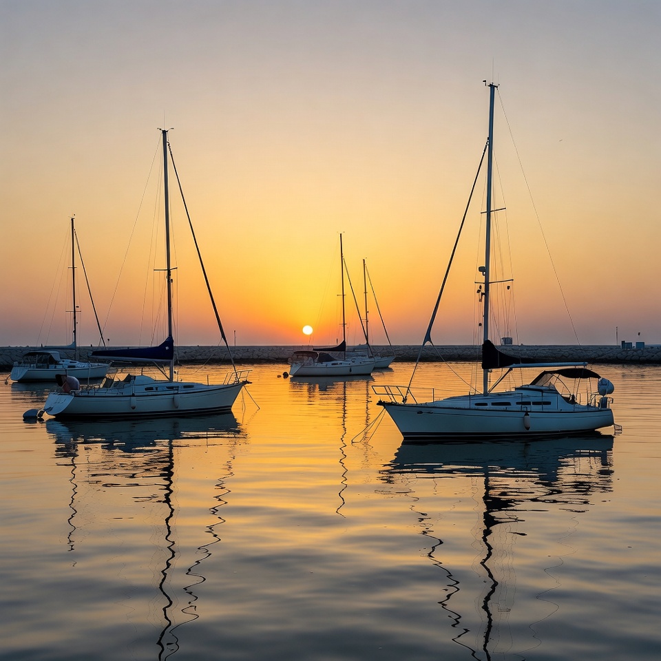 Sailboats at Sunset in Harbor Sailboats at Sunset in Harbor